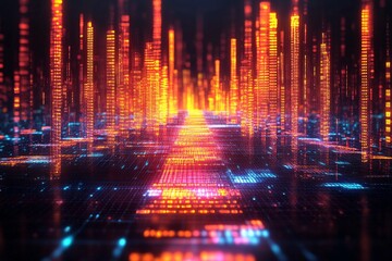 Fototapeta premium Bright neon cityscape with towering digital structures and vibrant colors at night