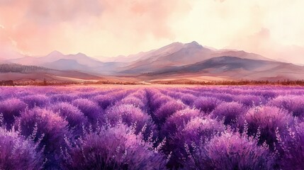 Lavender Fields Under Sunset Sky: Serene Mountain Landscape