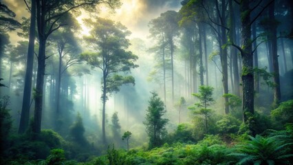 Obraz premium Misty forest landscape with towering trees and dense foliage, fog rolling in from the underbrush , mysterious landscape, nature scenery