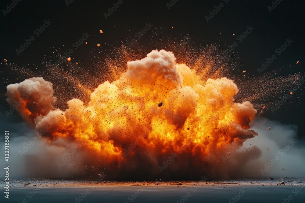 Poster large explosion in a dark environment creates a dramatic display of fire and smoke during a controll