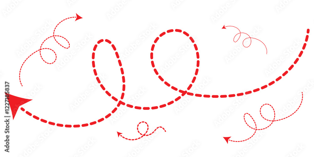 Poster dashed arrows set. sketch curved dashed arrows design. arrow handmade. doodle arrows of various shap