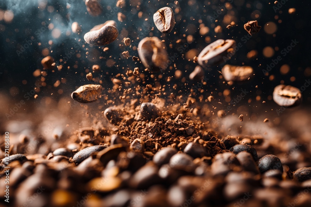 Poster Coffee beans burst into motion creating a dynamic display of texture and flavor in a dark background
