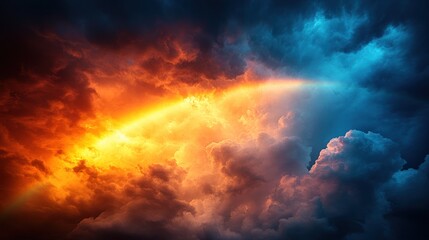 Fototapeta premium Fiery orange and blue storm clouds with rainbow.