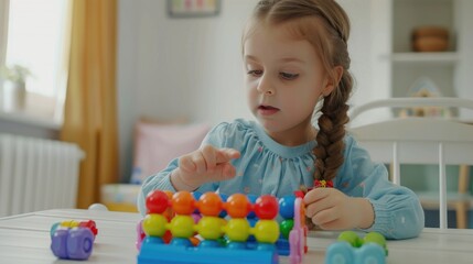 Young caucasian girl playing with colorful educational toy in bright room