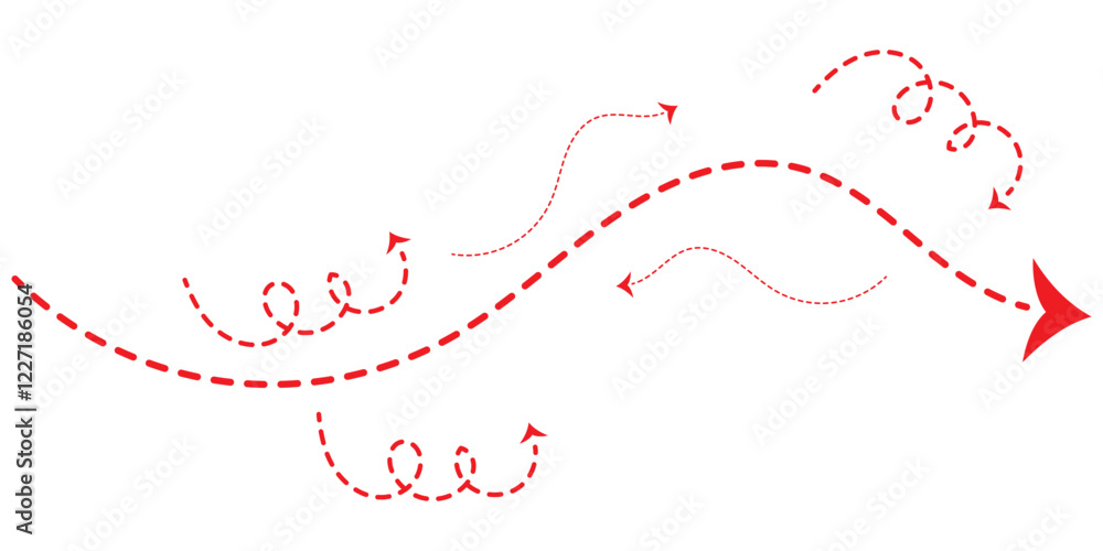 Poster dashed arrows set. sketch curved dashed arrows design. arrow handmade. doodle arrows of various shap