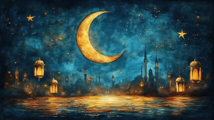 Fototapeta premium Night in the City of Lights: A Magical Ramadan Watercolor