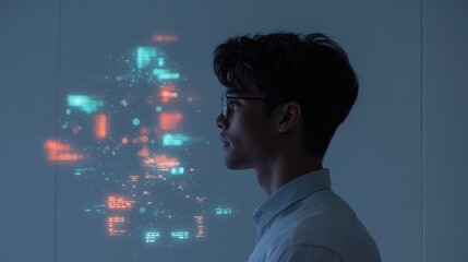 Asian male analyzing futuristic data hologram in dark tech environment