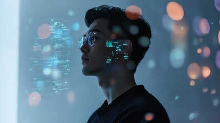 Asian young male analyzing holographic data in futuristic setting with bokeh effects