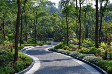 Obraz premium Serene winding pathway through a lush green park on a sunny day surrounded by vibrant trees and blooming plants