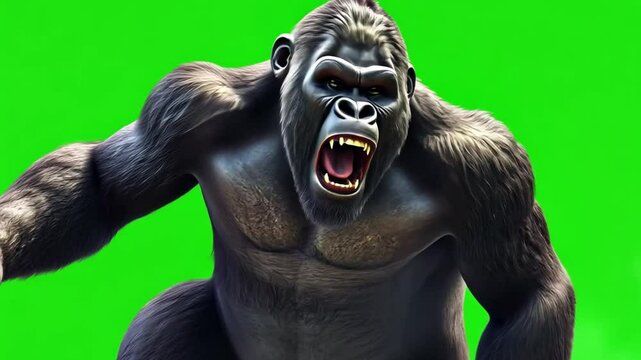 Gorilla Roaring: Powerful silverback gorilla on green screen, showcasing intense expression and muscular physique. Ideal for film, VFX, and digital art projects.