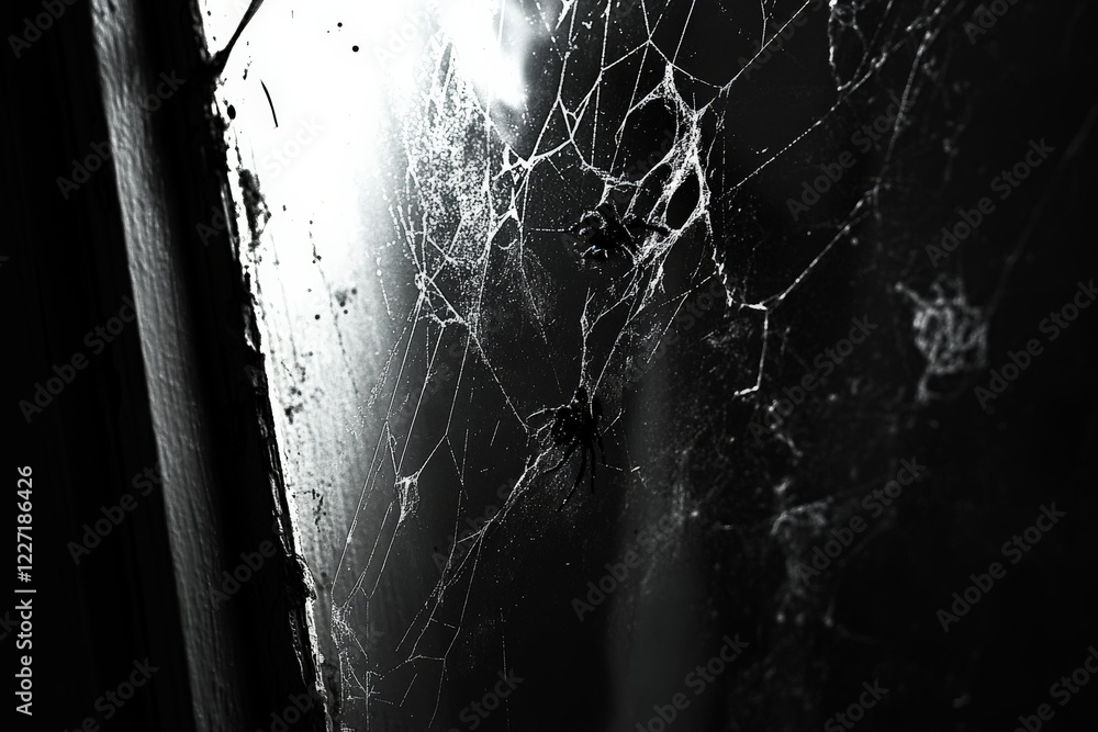 Poster intricate spider webs glisten in dim light with shadows dancing on an old windowpane at dusk
