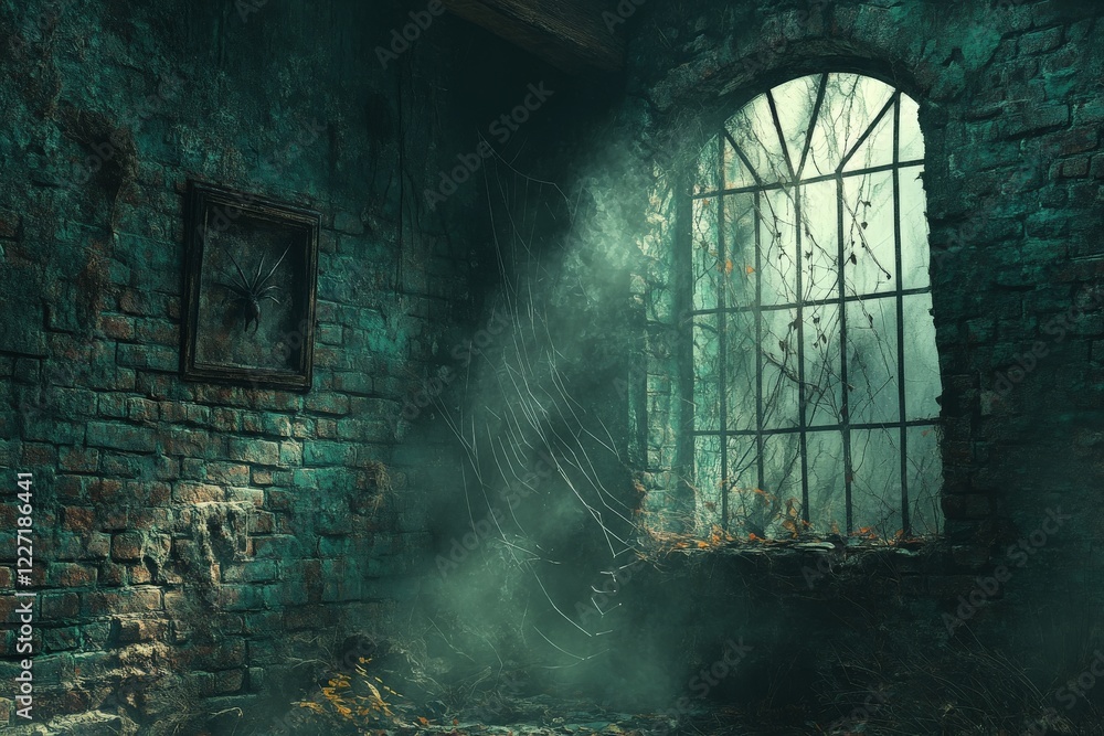 Poster sunlight streaming through a cracked, abandoned window in a dilapidated room with dust and cobwebs