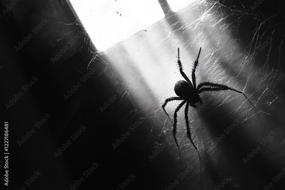 Poster spider weaves web in sunlight filtering through a dusty window at dusk