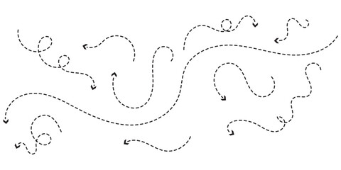 Set of hand drawn Dashed Arrows. Vector illustration. Isolated on white background. Variety Design. EPS 10