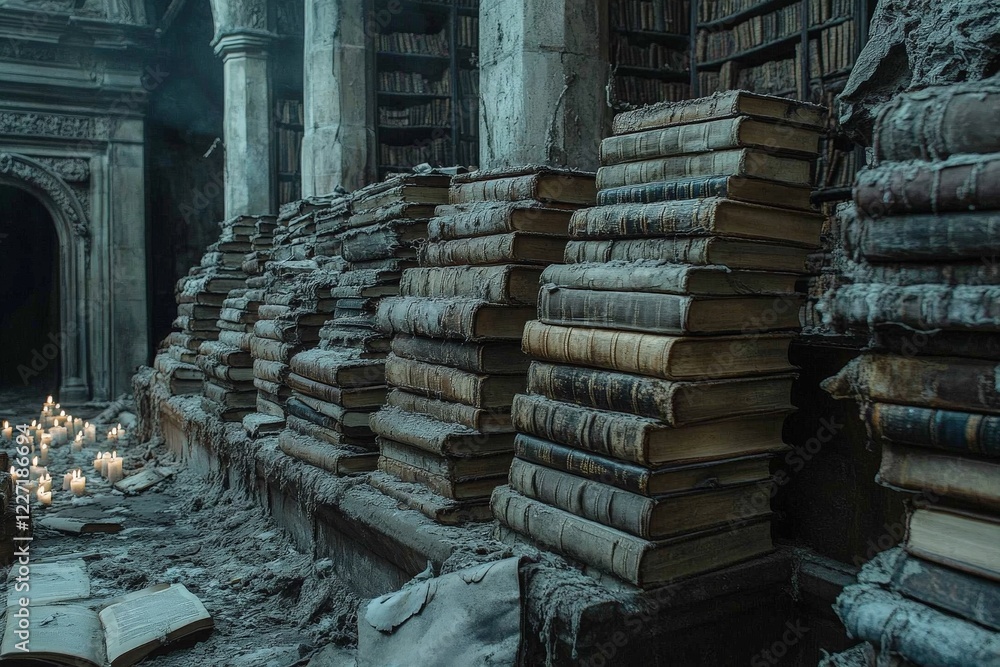 Poster Old library filled with dusty books and flickering candles in a mystical setting at dusk