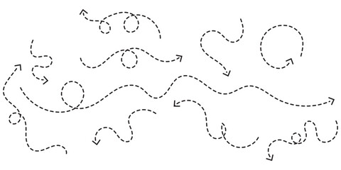 Dashed Arrows doodle dot line arrows set. Vector dots linear arrow set, dashed or dotted moving navigation directionals collection isolated on white background.  EPS 10