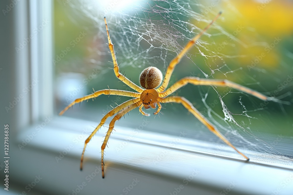 Poster Spider weaving a delicate web in a window under soft morning light