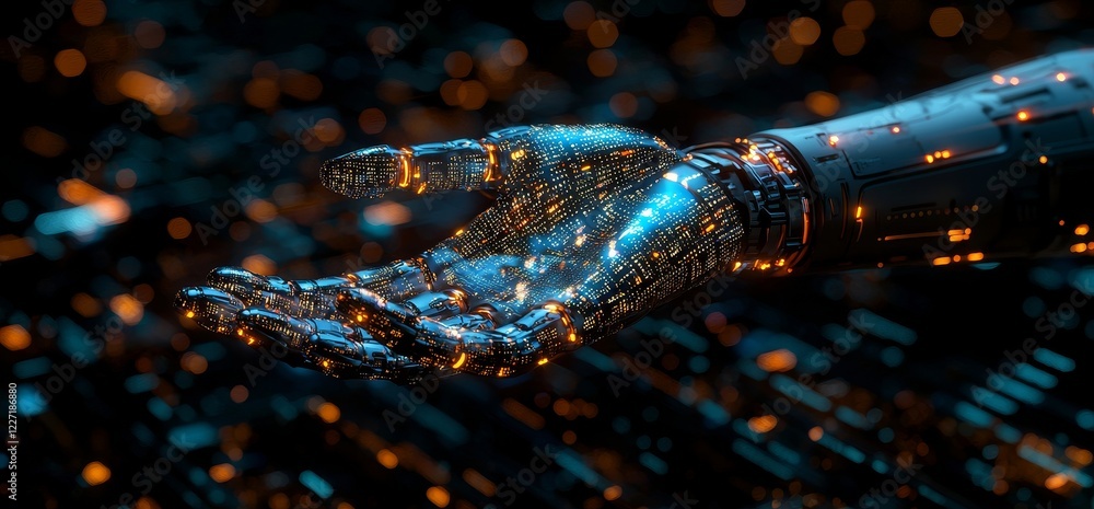 Poster an ai-powered robotic arm analyzes stock charts, providing detailed insights from data in the stock 