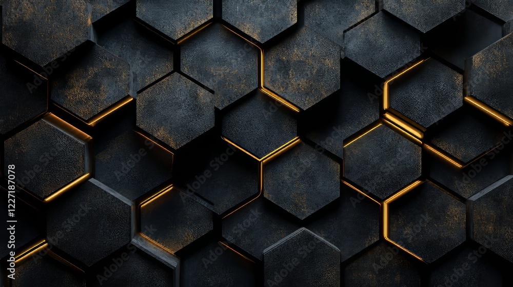 Poster abstract background dark hexagonal pattern with glowing edges, modern design, 3d render.