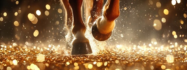 Horse hooves close-up against gold coins background. Selective focus.