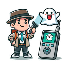 Smiling Ghost Hunter with Flashlight and Ghost Detector