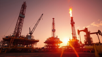 Obraz premium Multiple oil drilling rigs stand tall against a vibrant sunset, with flames visible from a flare stack. This scene emphasizes the scale of oil production and its impact on the environment
