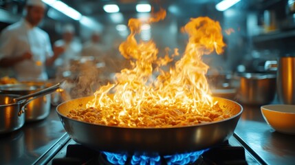Flamb?ed dish cooking in a professional kitchen.