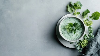 Fresh herb yogurt dip garnished with greens on rustic gray background