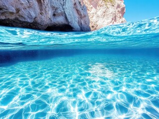 Split view of clear turquoise sea water and rocky cliffs under a bright sunny sky