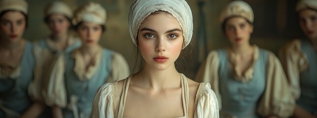 Obraz premium The nurse, adorned in vintage clothing, offers solace and comfort to patients inside the old hospital, eliciting sensations of healing and nostalgia