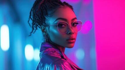 A woman wearing sleek metallic clothing and stylish glasses stands confidently in a vibrant neon-lit environment. The futuristic aesthetic emphasizes bright colors and modern fashion