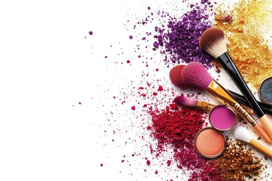 Vibrant makeup brushes and colorful cosmetic powders on white background