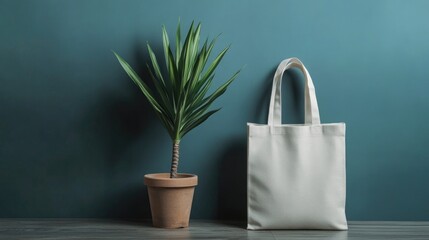 Potted plant and white canvas tote bag against teal wall