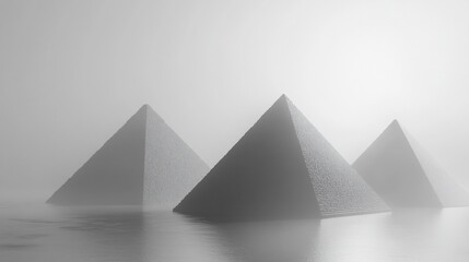 Misty pyramids reflecting, serene landscape, conceptual art