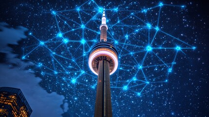Modern Cityscape Iconic Tower with Futuristic Digital Network Overlay, Night Sky, Toronto