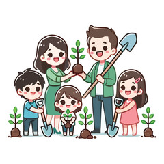 Happy Family Planting Trees Together Promoting Environmentalism