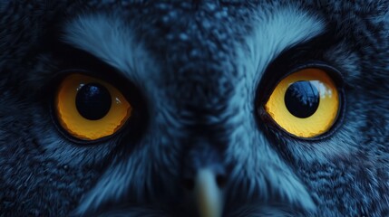 The intense, round yellow eyes of a great gray owl glow in the darkness, its gaze sharp and focused as it peers into the night.
