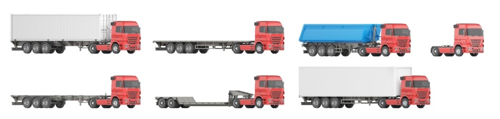 Collection of trucks with various semi-trailers. Views of a semi-trailer, lowboy, flatbed, refrigerated trailer and dump trailer at 45 degree angle. Isolated on a white background. 3d illustration