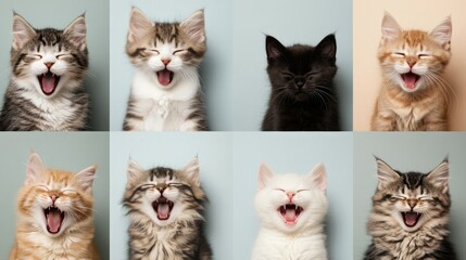 Cute kittens yawning in a colorful grid of playful expressions