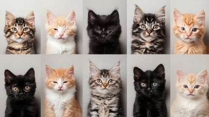 Adorable kittens: ten fluffy feline faces in a variety of colors and patterns