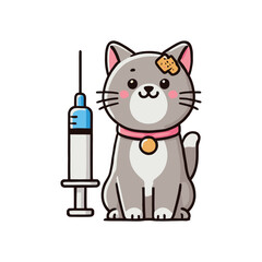 Adorable Grey Kitten with Bandage and Syringe Illustration
