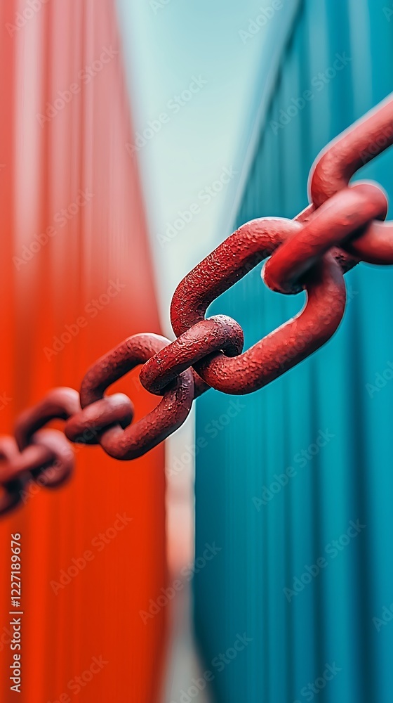 Poster a vibrant close-up of a chain connecting two colored containers, emphasizing strength and connection