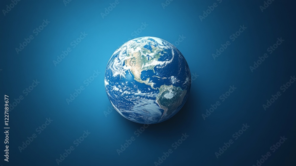 Poster a detailed rendering of planet earth set against a solid blue background highlighting the continents