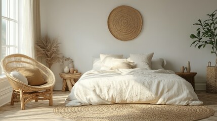 Sunny boho bedroom, wicker chair, rug