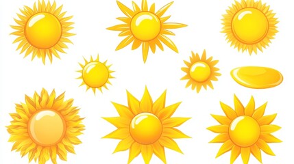 Sun icon set. Yellow sun icons. Shine sun ray set. Sunset icon collection. Yellow sun star icons. Vector illustration