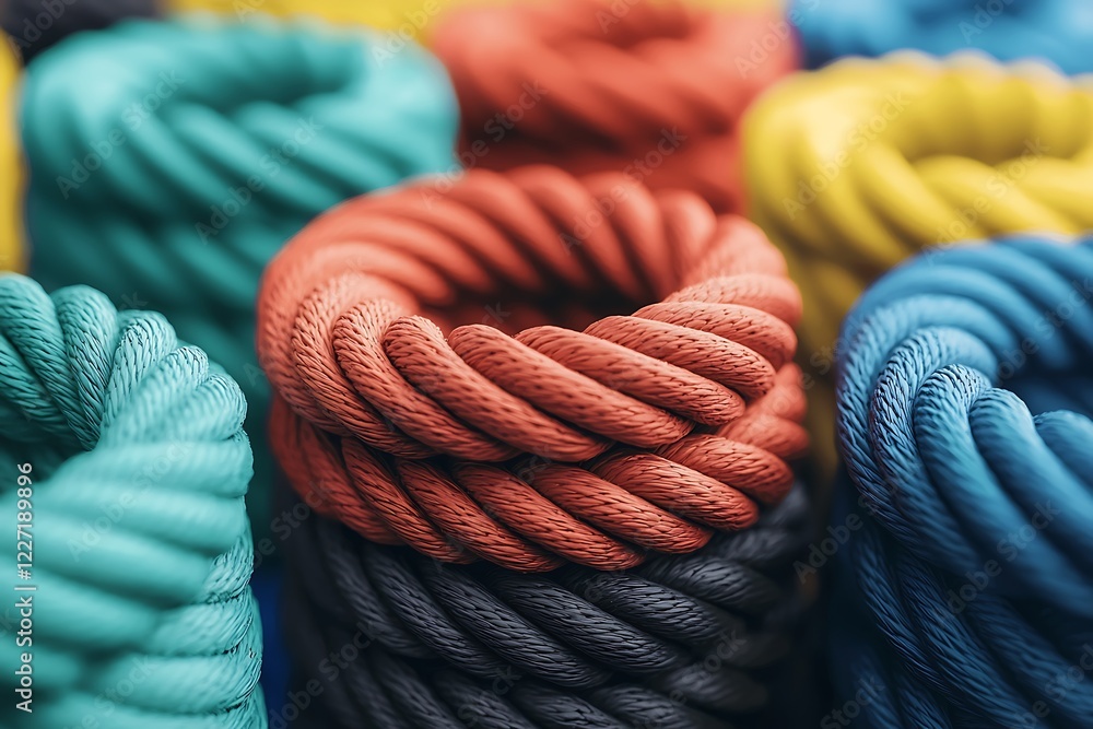 Poster colorful coils of rope neatly arranged, showcasing various textures and vibrant hues, creating a vis