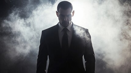 Mysterious man, suit, smoky studio, dramatic lighting, promotional
