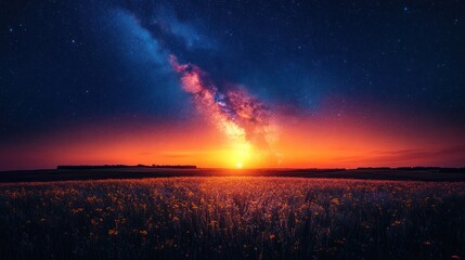 Obraz premium Milky Way Sunset over a Field of Flowers