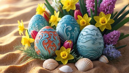 Colorful Easter eggs arranged among vibrant flowers and seashells on a sandy surface, celebrating the joy of spring and the festive spirit of Easter