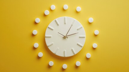 White clock with circular pill arrangement on yellow background concept